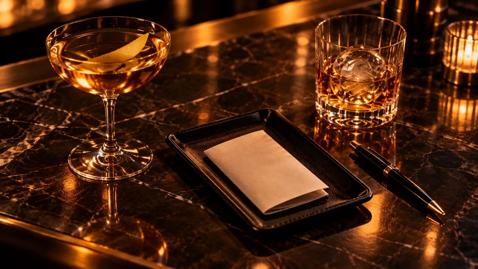 A bill on a tray beside drinks at a bar counter
