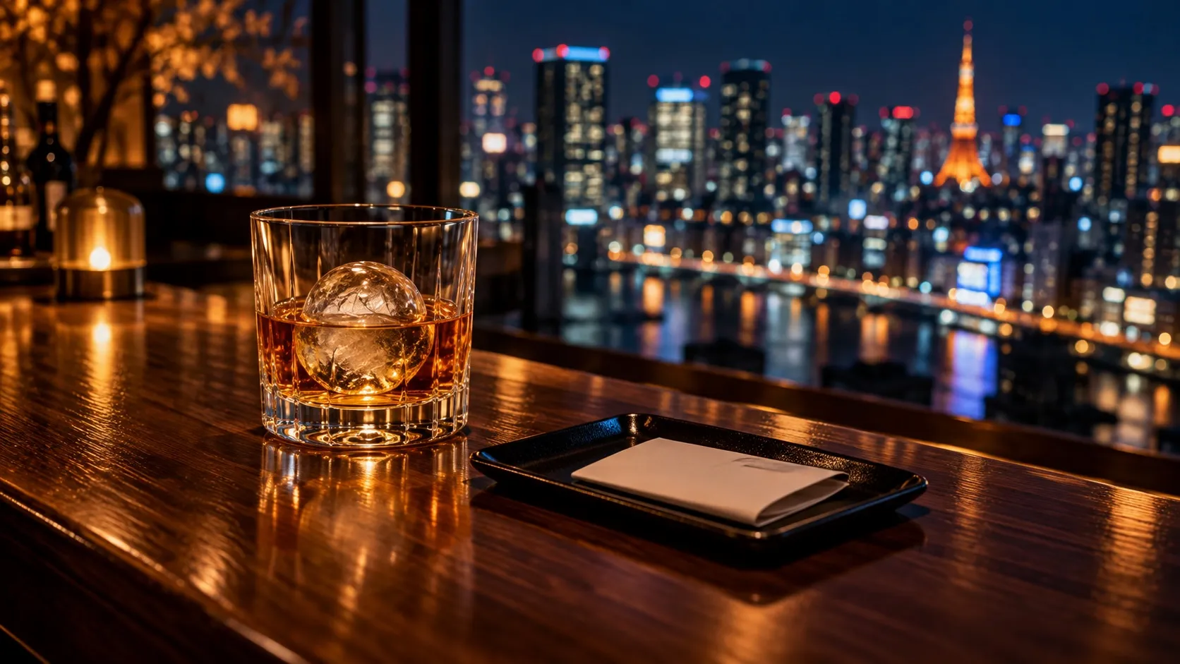 A whisky glass and a folded bill on a bar counter with Tokyo lights behind