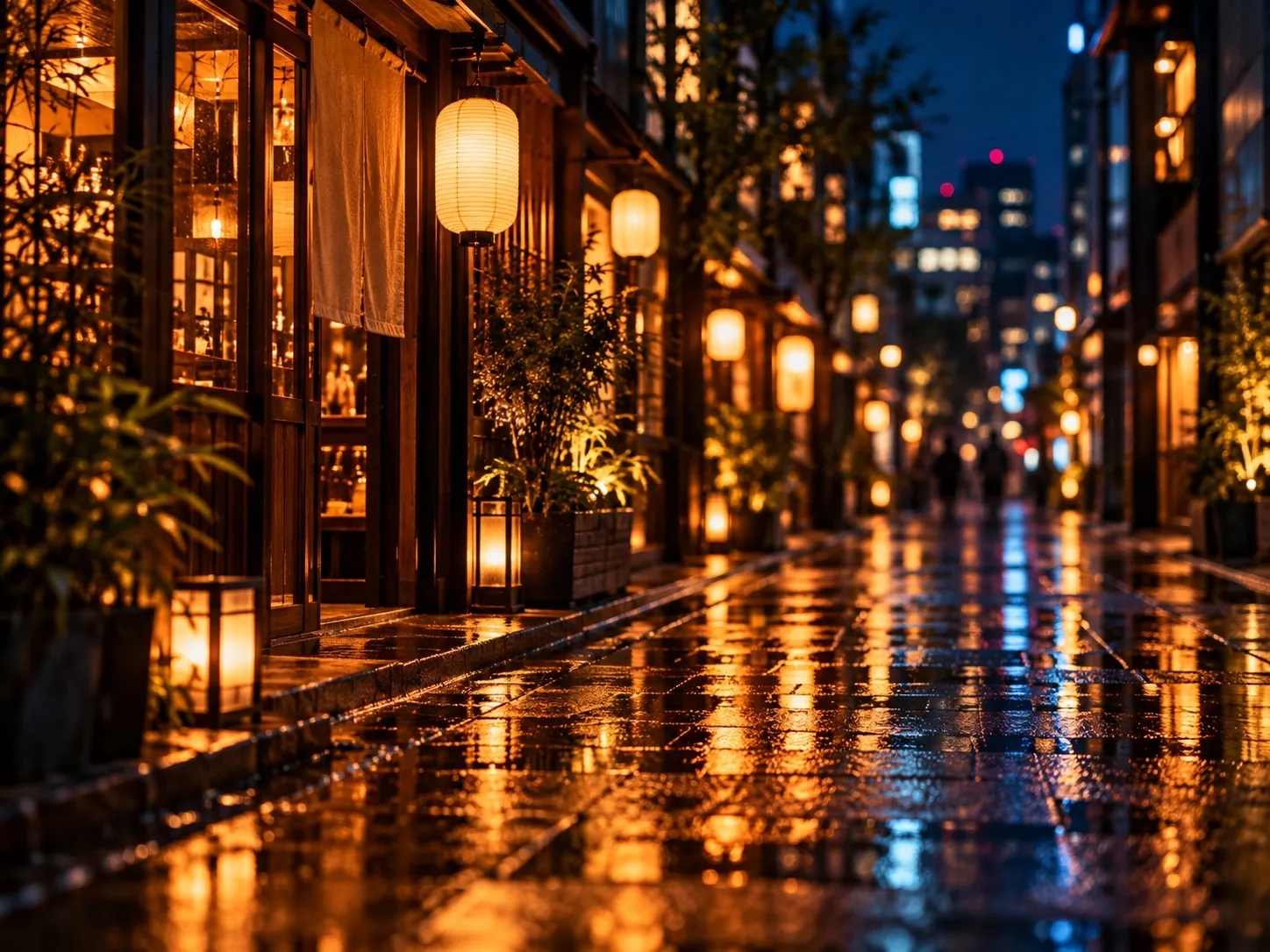 A lantern-lit side street in Tokyo at night after rain