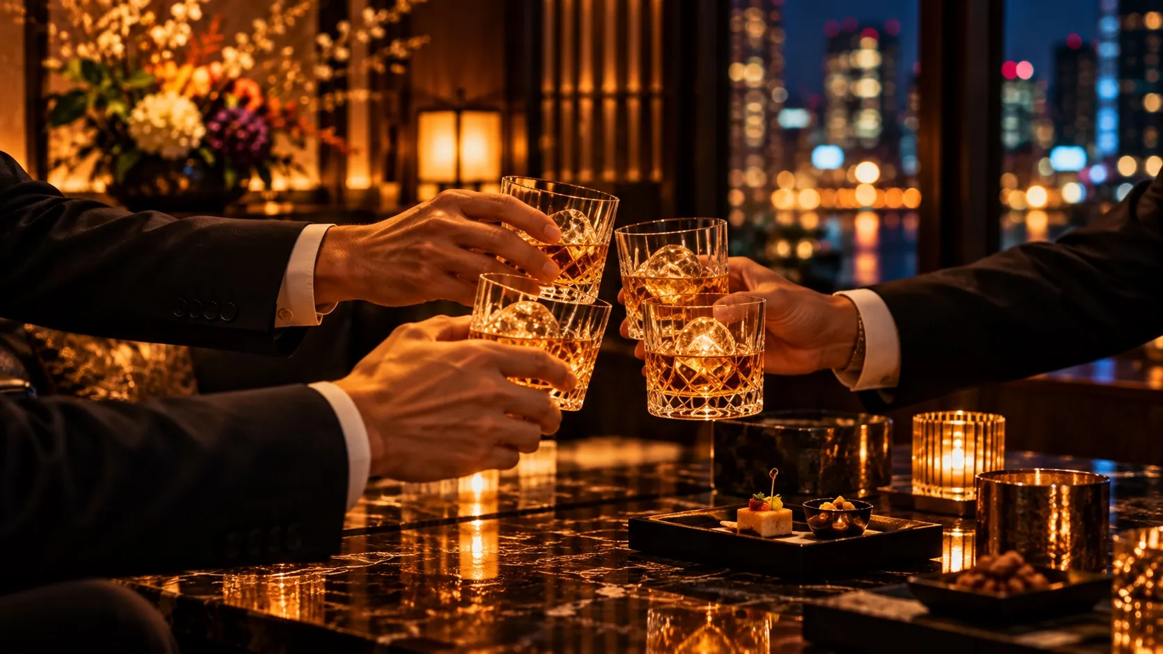 Guests raising glasses in a toast at a lounge table